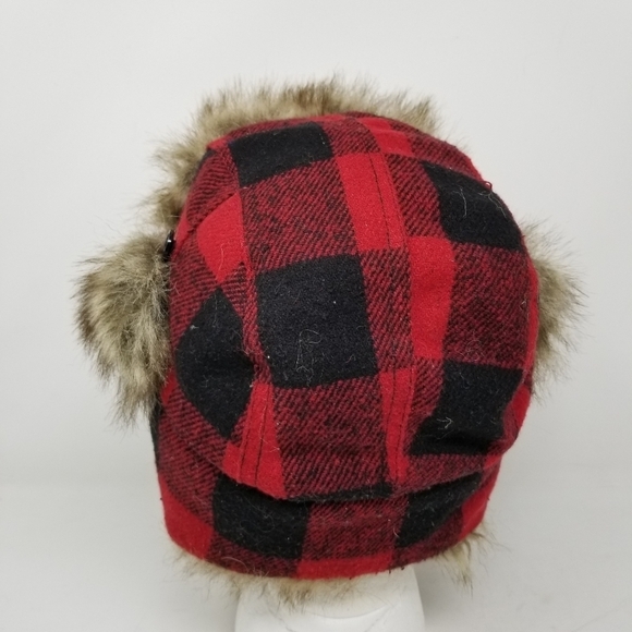 Vintage Crown Co Trapper Hat Faux Fur Plaid Red Black Wool Blend Quilt Lining - Picture 3 of 11